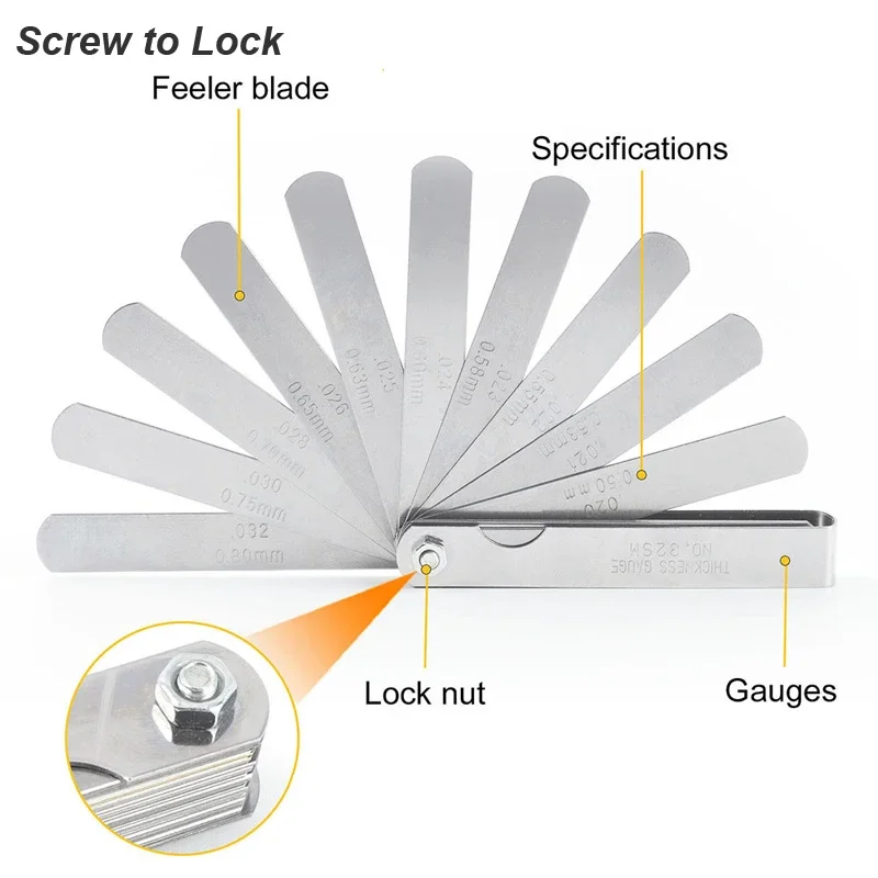 Feeler Gauge Metric Thickness 32 Blades Set Tappet Brass Gap Measure Tool Range 0.04mm 0.88mm Valve Motorcycle Measurement