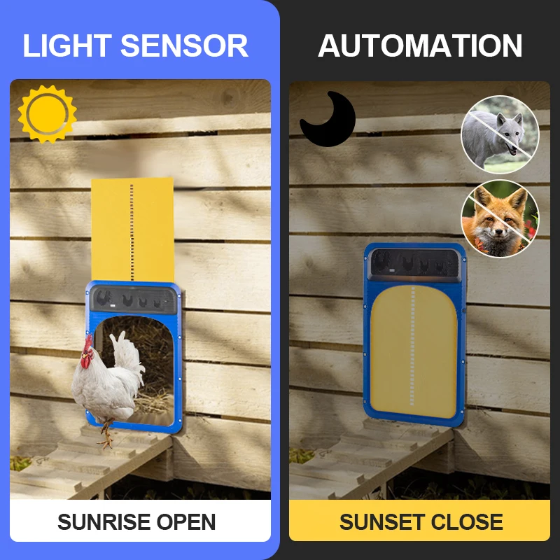 

Автоматическая дверь курятника с солнечной батареей, встроенный датчик, водонепроницаемая дверь курятника, легкая установка, электрическая дверь курятника