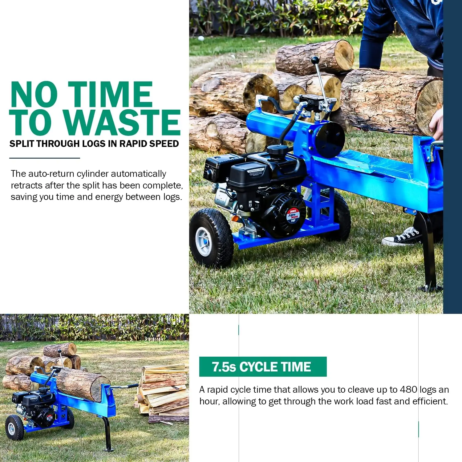 Log Splitter Portable 20 Ton Rapid Auto Return Ram System Bucher Gear Pump 7HP Engine Horizontal Full Beam Steel Wedge