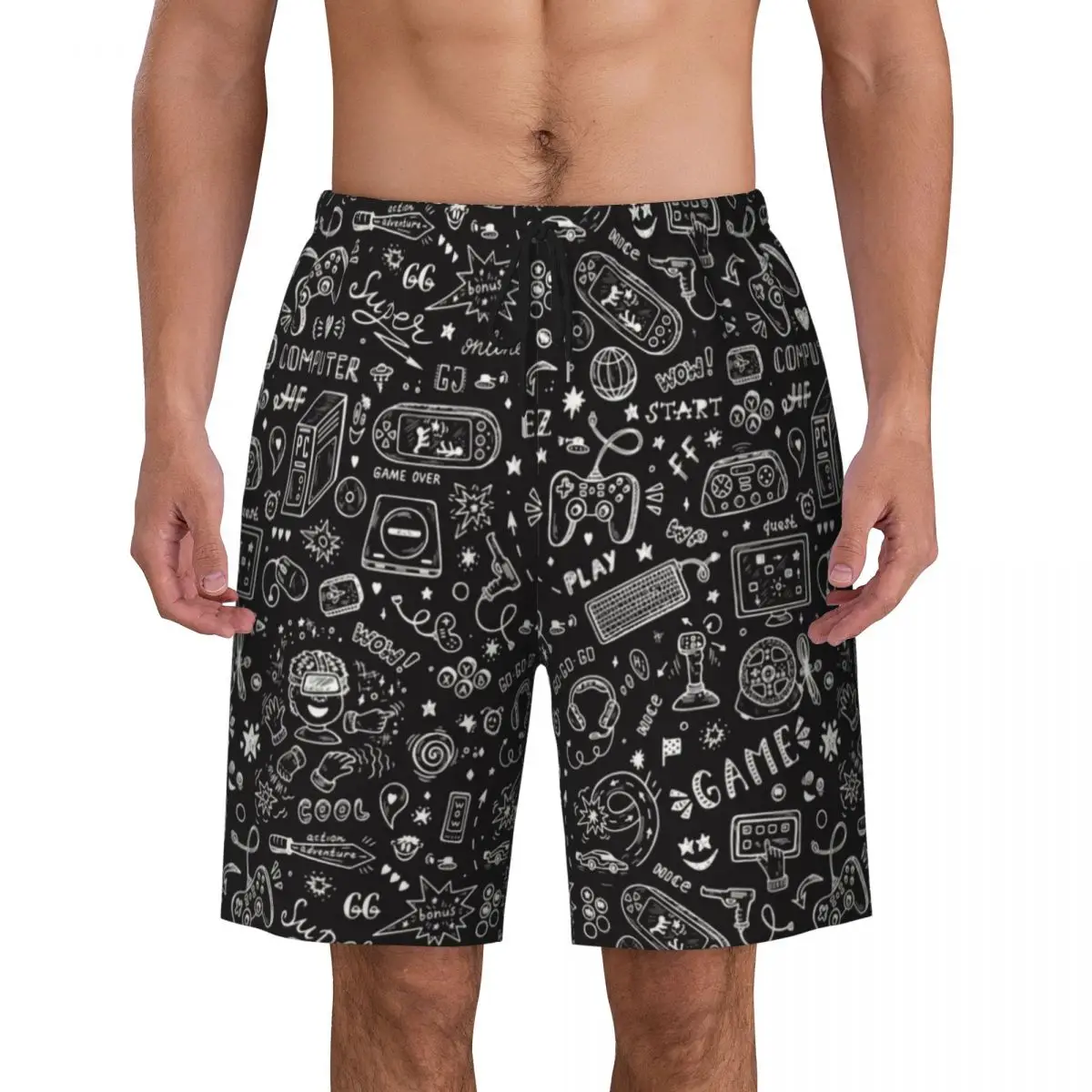 

Video Games Pattern Board Shorts Men Cool Beach Shorts Briefs Gaming Console Computer Play Quick Dry Swim Trunks