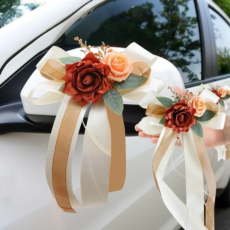 Pmnzdy 4 fiocchi per auto, fiori di seta, simulazione, fiocco, decorazione per auto, specchietto retrovisore, per matrimonio, per chiesa, auto, matrimonio, funerale, festa, colore rosso