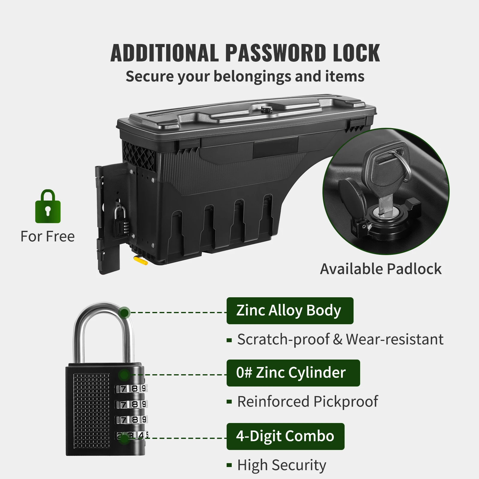 SucceBuy Truck Bed Storage Box Lockable Lid Waterproof ABS Wheel Well Tool Box 6.6 Gal with Password Padlock Fit for Driver Side