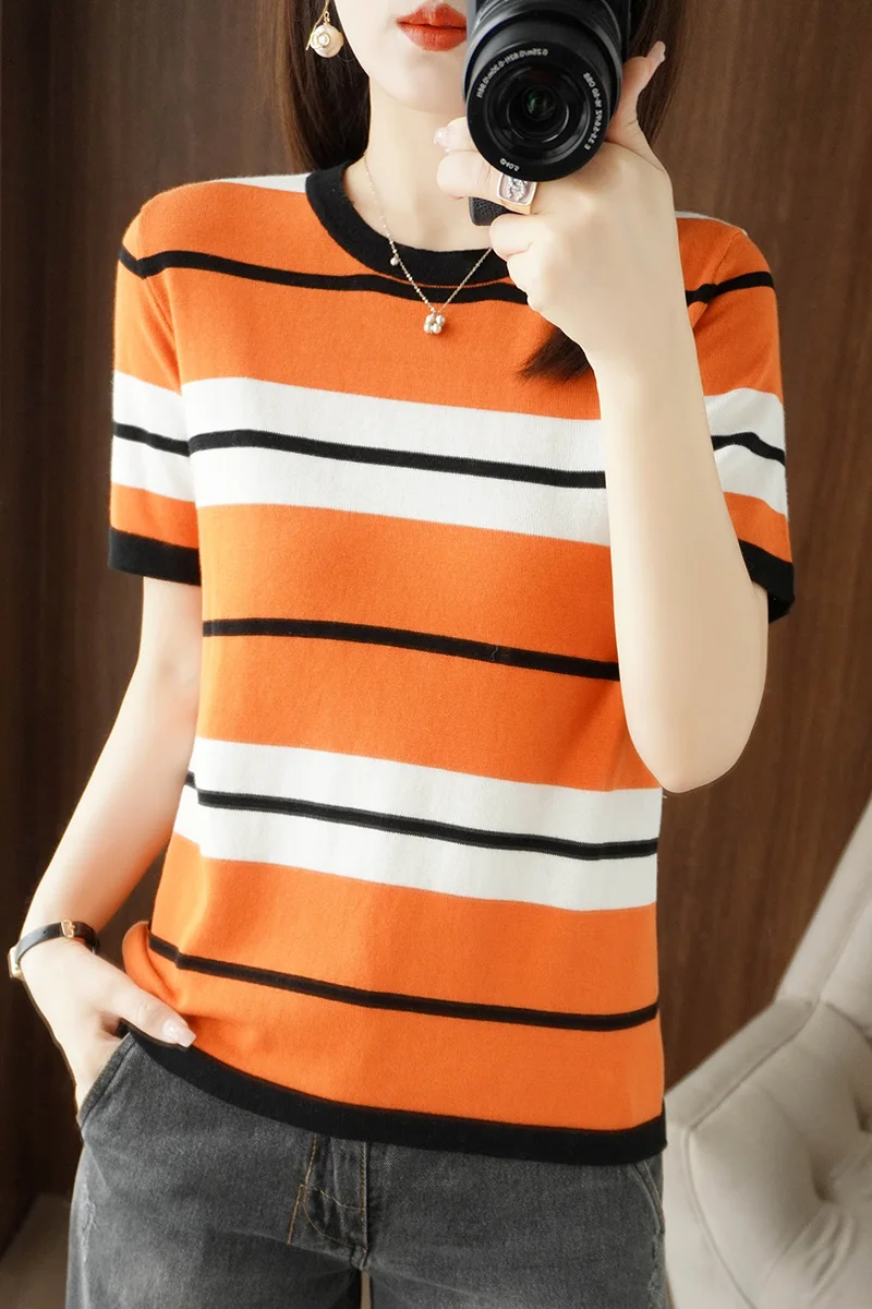 여성용 라운드넥 컬러 블록 스트라이프 루즈핏 풀오버 니트 반팔 티셔츠, 100% 코튼 패션, 용수철 여름 신상