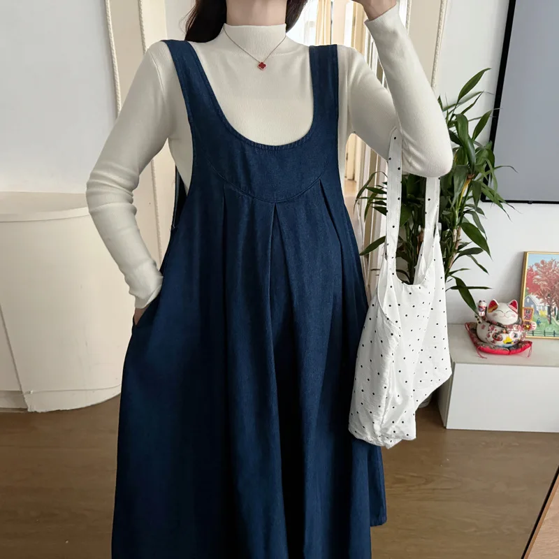2026 봄 가을 신상 임부복 루즈핏 부드러운 데님 오버롤 드레스와 흰색 긴팔 베이스탑 투피스 세트