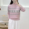Women's Clothing Half High Collar Pullover Sweater Knitted Geometric Long Sleeve Screw Thread Contrast Color Autumn Winter Tops 2