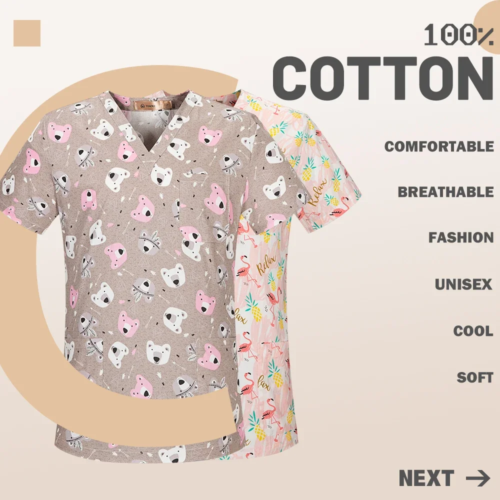Medical Surgical 100% Cotton Print Scrubs Shirt Beauty Salon Lab Pet Shop Doctor Nursing Health Scrubs Tops medical scrubs