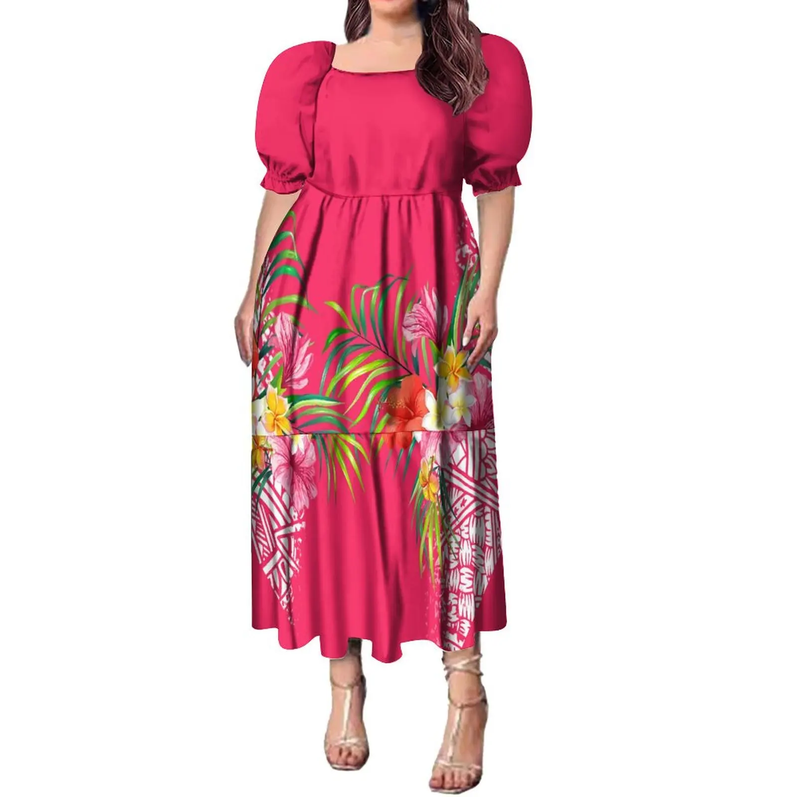 

Comfortable Women'S Puffy Sleeve Dress 6xl Short Sleeve Long Dress Polynesian Tribe Design Loose Dress Free Shipping