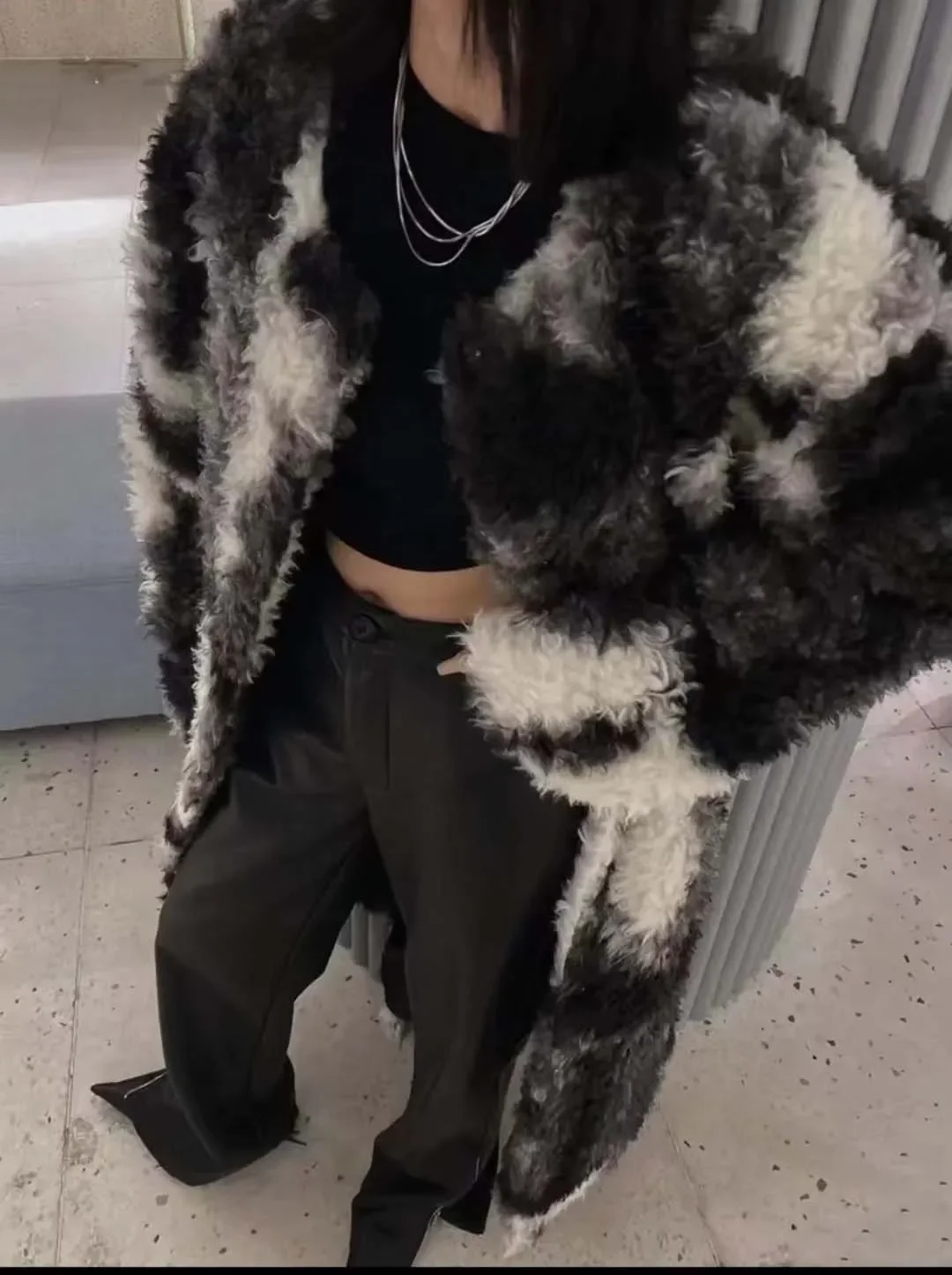 Korean Style Round Neck Long Sleeve Women's Long Faux Fur Coat 2022 Winter Commute Style Fashion Tie-Dyed Loose Faux Fur Coat