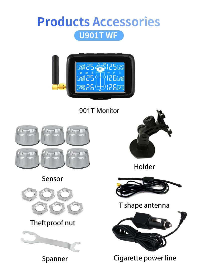 CAREUD U901T Car Truck TPMS Car Wireless Tire Pressure Monitoring System,LCD Display,with 6 External Sensors,Replaceable Battery