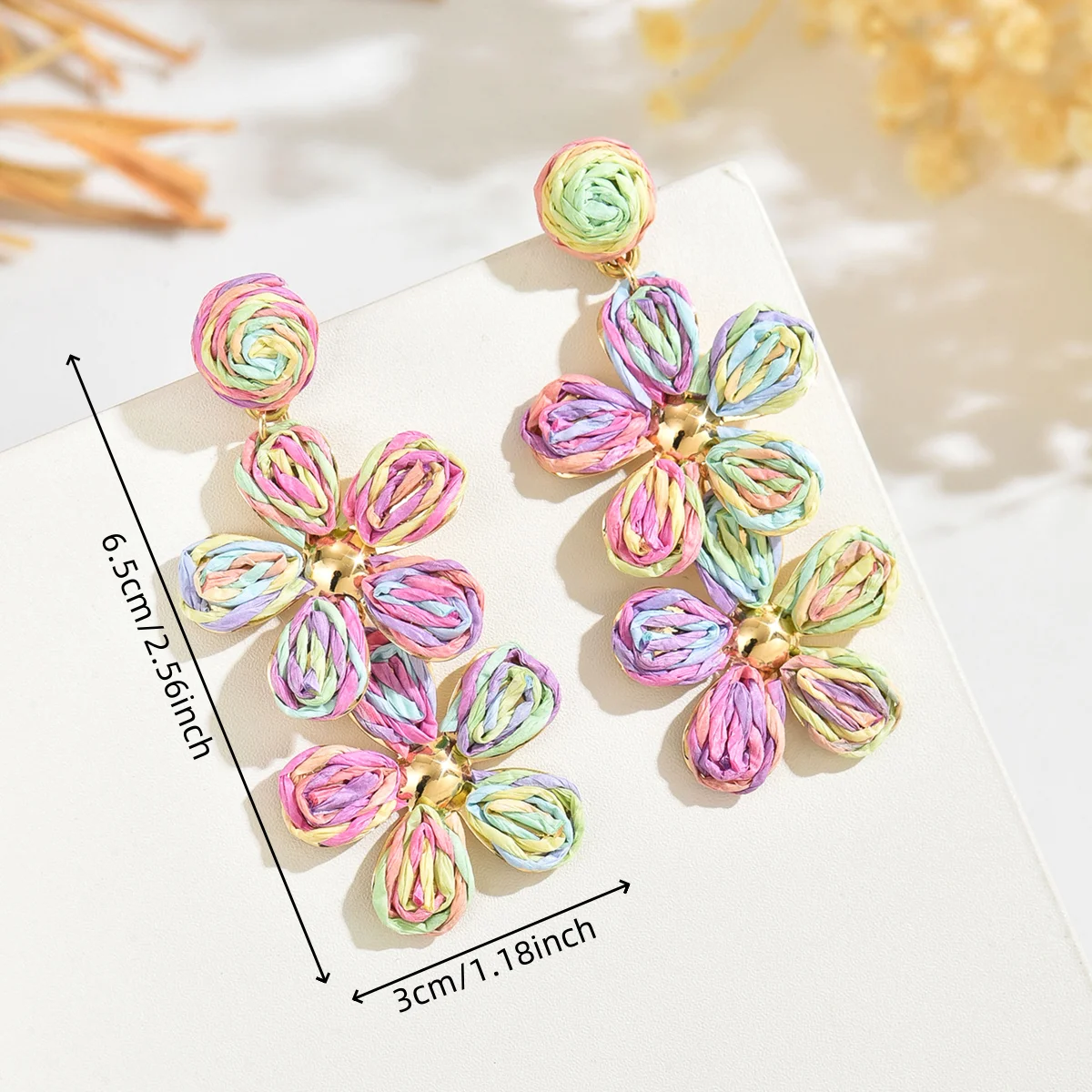 Bohemia Sweet Colorful Raffia Layered Flower Earrings for Women Girls Summer Handmade Rattan Knit Drop Earrings Holiday Jewelry