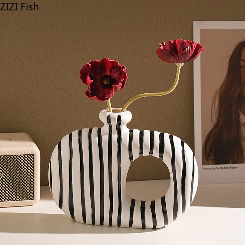 Zebra Stripes Ceramic Vase Artificial Flower Decorative Flowers Pots Desk Decoration Modern Floral Vases Room Aesthetic Decor 5