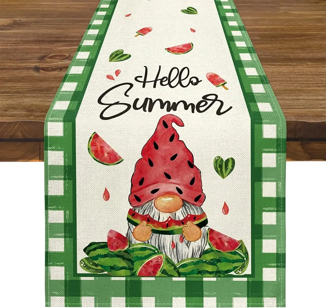 

Hello Summer Gnome Watermelon Linen Table Runner Party Decoration Washable Dining Table Runner for Wedding Table Decor