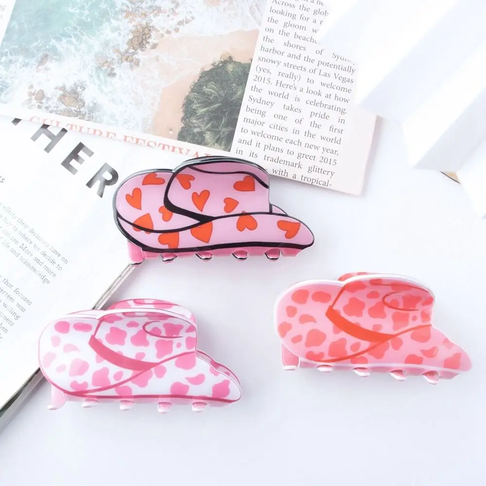 Description Picture 2 of itemCap Shape Cowboy Hat Hair Claw Personalized Leopard Printed Flower Plastic Hair Clip Shark Clip Festival Headdress Girl