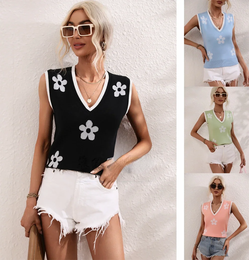 2023 Primavera/Estate Cross Border Donna Stampata Con Scollo A V Senza Maniche Fiore Lavorato A Maglia Amazon Pullover Lavorato A Maglia Da Donna