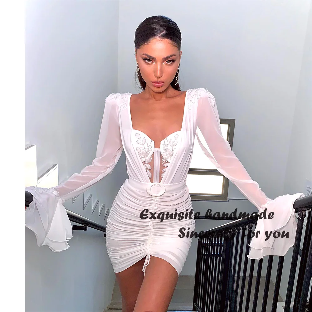 

White Chiffon Mini Wedding Party Dresses Lace Beading Sweetheart Bride Dress Long Sleeve Short Israel Wedding Bridal Gowns