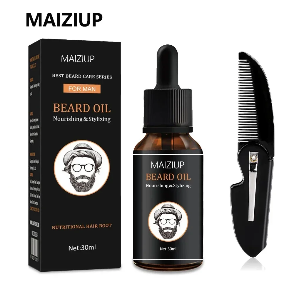 MAIZIUP Beard Growth Kit 30ml Beard Essential Oil for Men Facial Hair Enhancer Thicker Oil With Beard Folding Pocket Comb