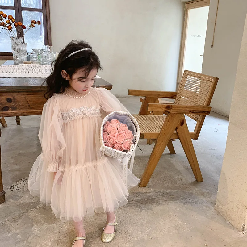 Girls' Spring and Autumn Dress2024New Children's Baby Girl Western Style Lace Splicing Puffy Gauze Princess Dress 3
