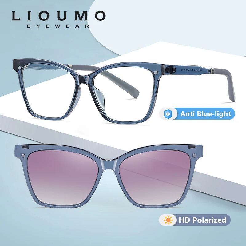 LIOUMO 2 In 1 Magnet Clip On Glasses Anti Blue Light Women Cat Eye Polarized Ladies Sunglasses Flip Up Anti-Glare lentes de sol