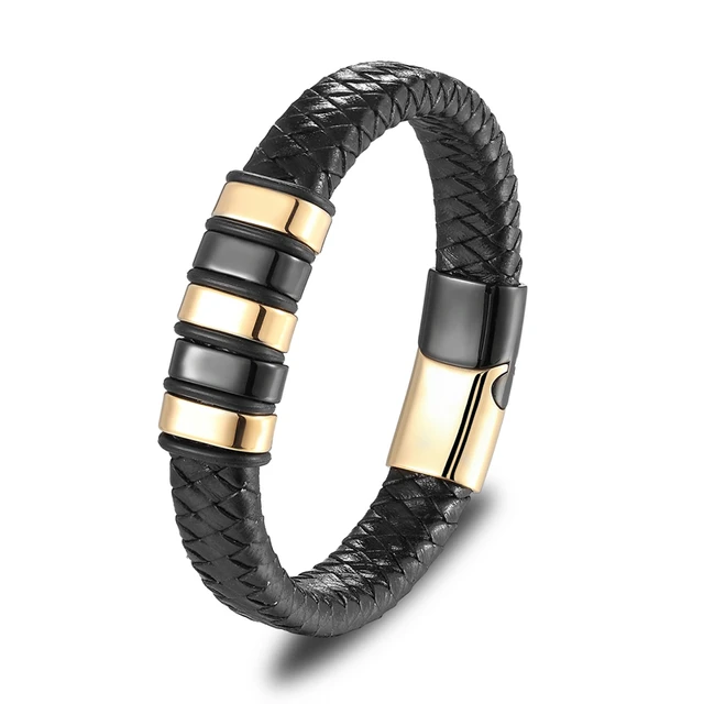 Classic Black Leather Wrap Bracelet for Men Metal Magnetic Clasp Fashion Bangle Bracelet Birthday Gift A7897-Gold-23cm