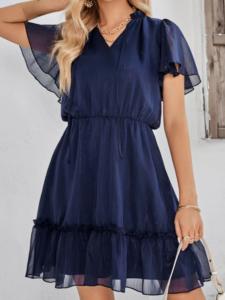 

Chiffon Summer Women's Dress Sweet Casual V-neck Lace Up Butterfly Sleeve Mini Dress Elegant Party Dresses for Women 2023 New In