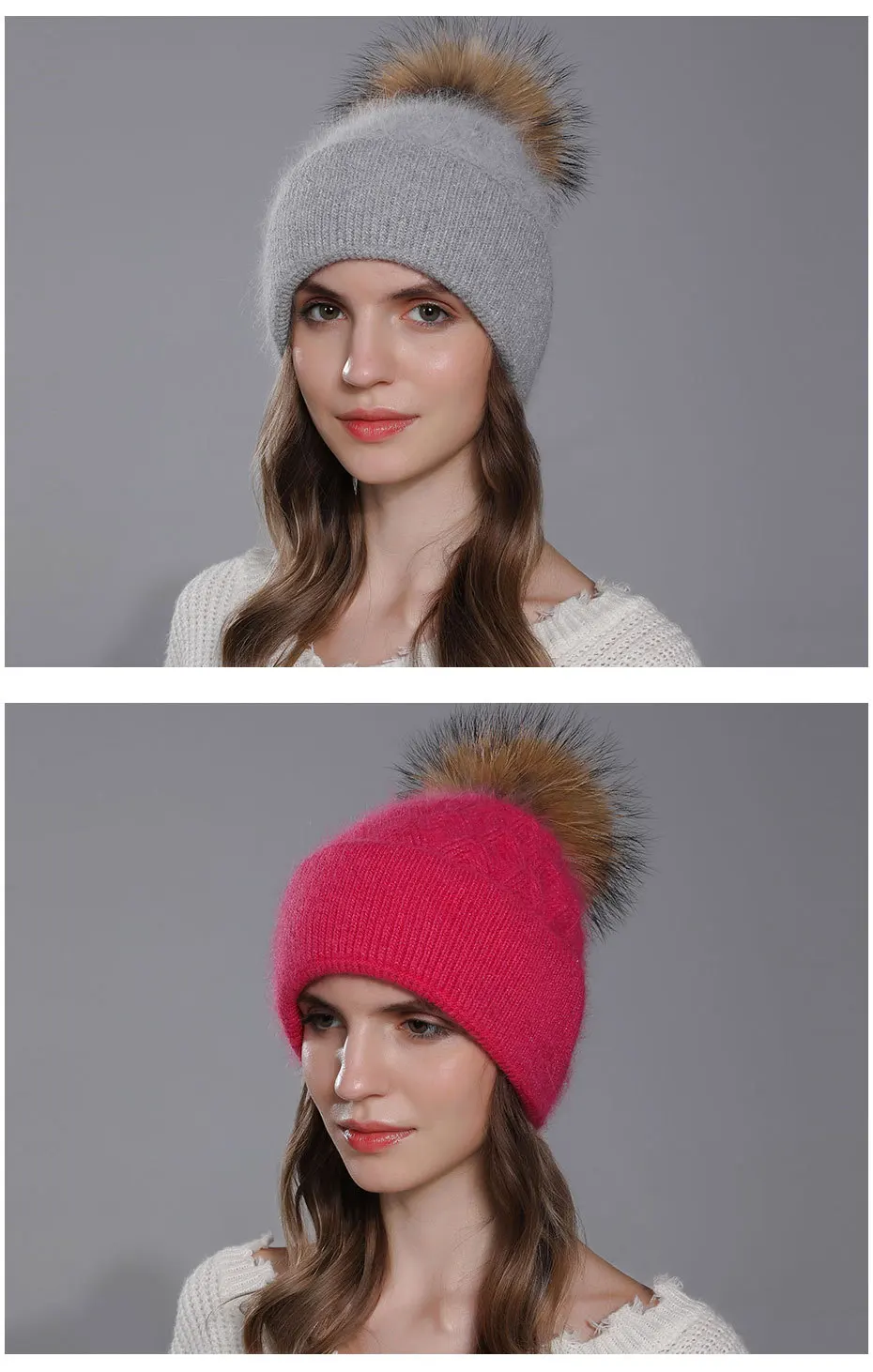 Frauen Angora Kaninchen Haar Stricken Hut Winter Gebratener Teig Wendungen doppel-schicht Bördeln Wolle Hut Waschbär Hund Pelz wolle Ball 4m864 – Detail 5