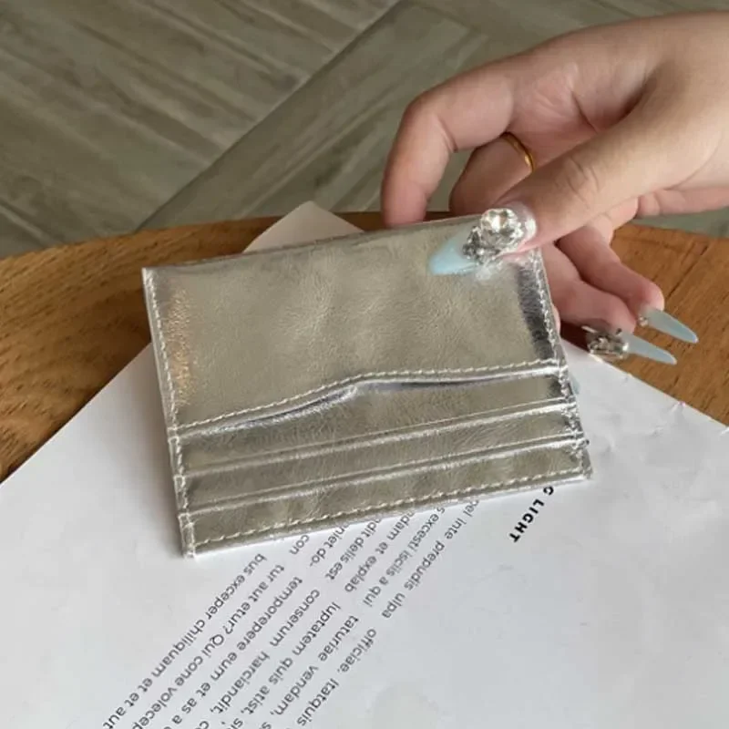 New Silver Genuine Leather Ultra-thin Card Holder Large Capacity Multi-card Slot Bank Credit ID Bag Mini Cute Wallet for Women