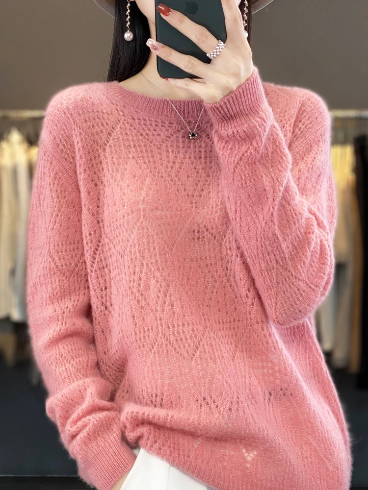 ADDONEE Spring Summer Women's O-neck Hollow Pullover Sweater Basic Casual Long Sleeve Jumper 100% Merino Wool Knitwear Soft Tops images - 6