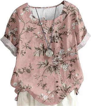 Camicia a tunica estiva a maniche corte allentata casual in cotone e lino con stampa floreale blu da donna senior 1