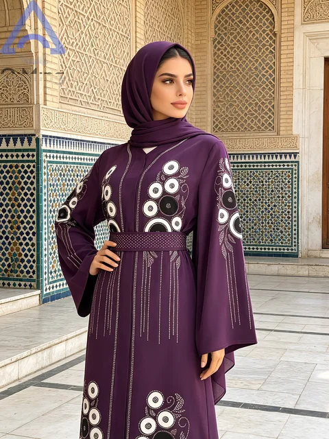 110438-10d6e3.jpg Robe longue Kaftan Abaya africaine en strass avec écharpe couleur terre cuite, manches chauve-souris, tenue de soirée modeste pour femme musulmane, pour l'Aïd et les mariages