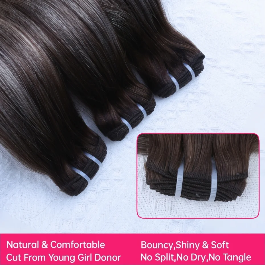 Ciocche di Capelli Umani Vietnamiti Marrone Scuro con Riflessi Grigio Argento, Trama Piano Weave, Offerta 1/2/3/4 Ciocche, Doppia Trama, Capelli Balayage - immagine 3