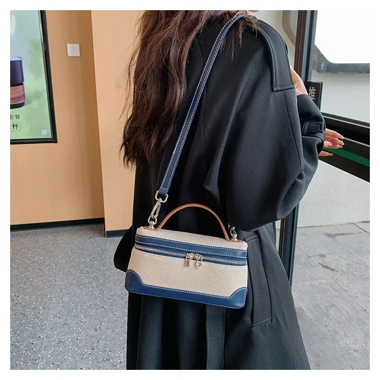 retro canvas handbag for women,women’s summer crossbody bag,contrast color casual handbag,small square canvas shoulder bag,casual women’s sling bag,retro fashion canvas purse,lightweight canvas handbag