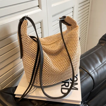 Borsa a tracolla a tracolla da donna Casual di grande capacità in tessuto di paglia di Design di lusso borsa da spiaggia estiva Tote femminile di colore solido 1