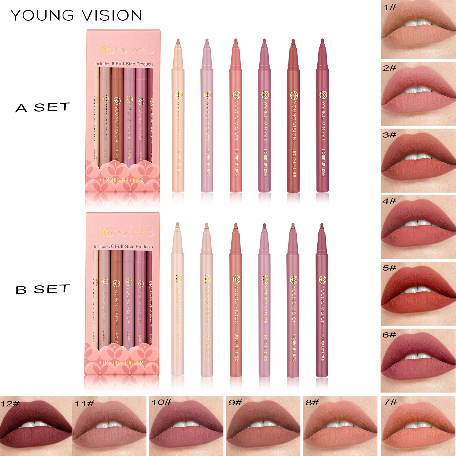 YOUNG VISION matte 6-color liquid lipliner set sponge gourd head fog face nude lipstick pen 3