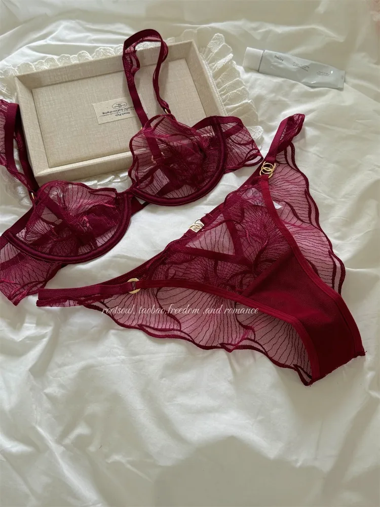 Ensemble de soutien-gorge en dentelle brodée de fleurs françaises, Sexy, pur désir, Ultra fin, Push-Up, sans fil, confortable, Niche romantique, Bralette, S-XL ​ ​   MOYISU