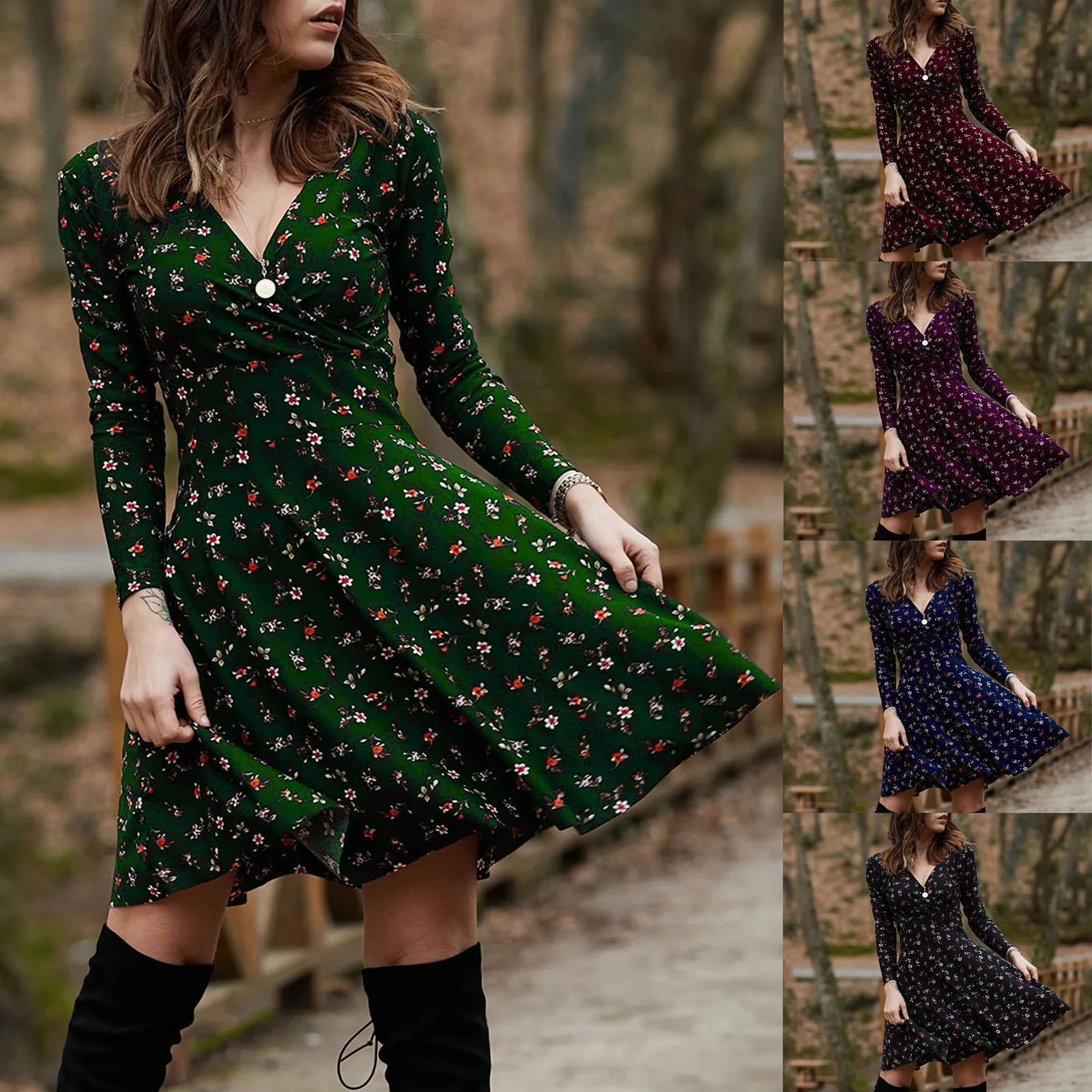 

Party Dating Dress Elegant Vintage Floral Print Swing Midi Dress Women Retro High Waist Draped Long Sleeve Female Dress 2024