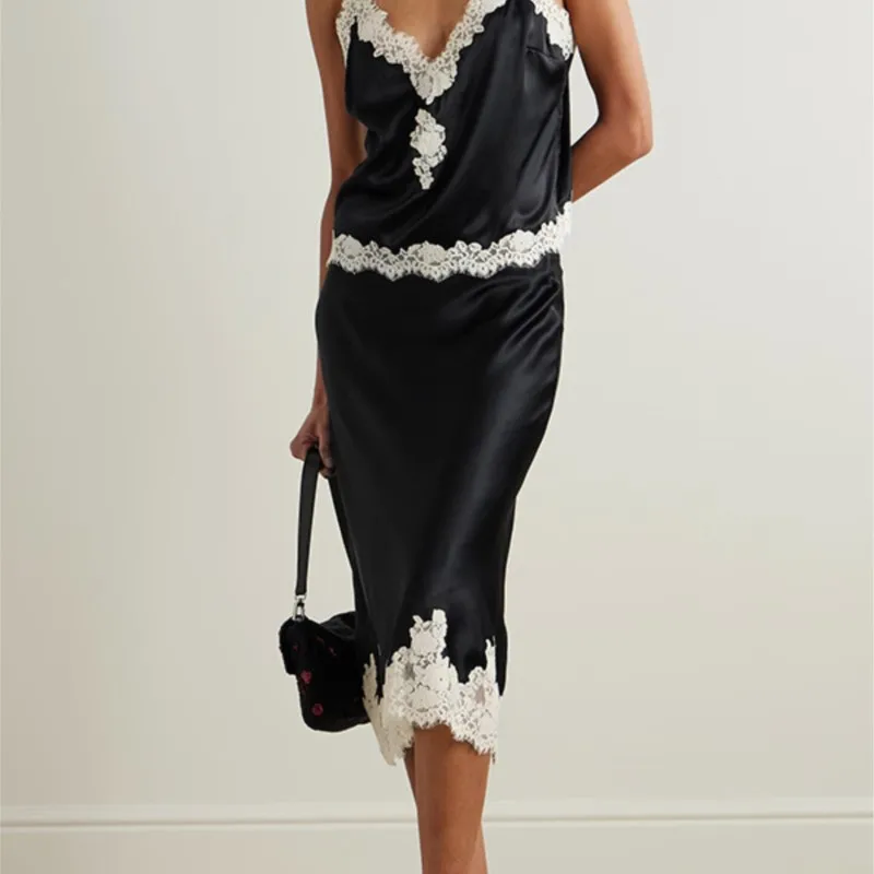 Sexy Lace Sling Top Skirt Set Women Patchwork Sleeveless Backless Tops Long Loose Skirts Sets Female 2025 Summer Fall Lady Suits