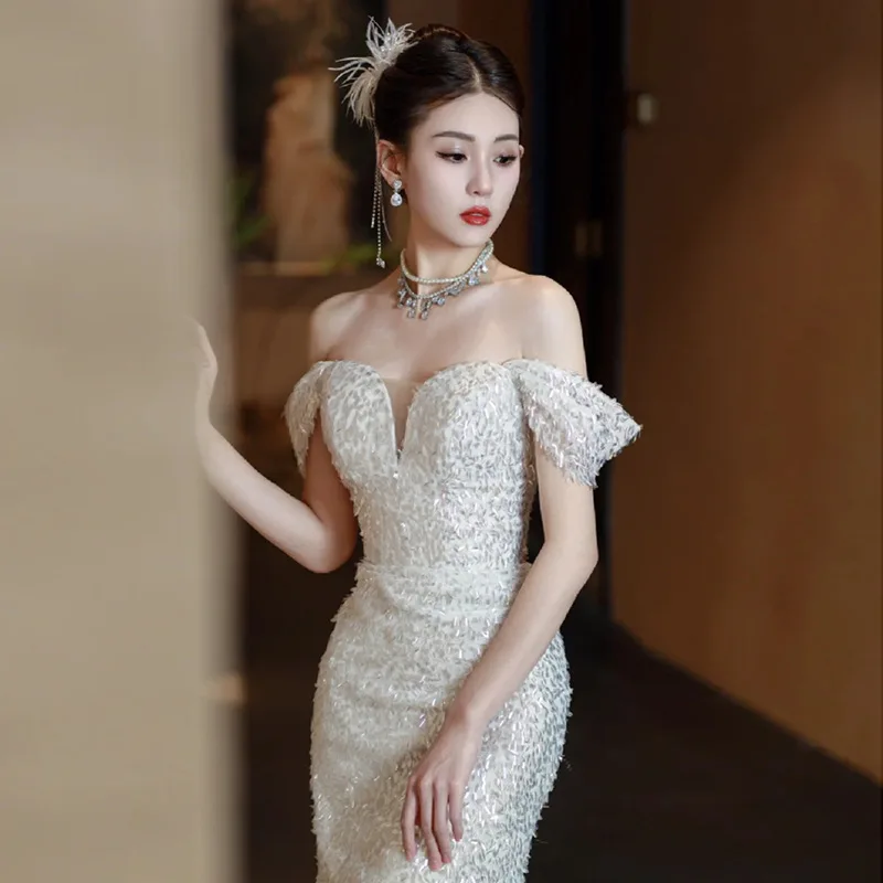 

French Trumpet Evening Dress New Brides Elegant Off Shoulder Sequin Prom Gowns Exquisite Beading Formal Party Mermaid Dresses