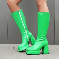 Plus Size Glossy Patent Leather Upper Square Toe Super Thick Heel Plush Lining Women's Knee Boots Platform Side Zipper Boots - Image 2