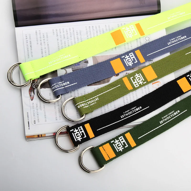 

Fashion Casual Unisex Nylon Canvas Fabric Belt Strap Double D Ring Buckle Waist Band Printed Long Jeans Waist Belt Waistbands