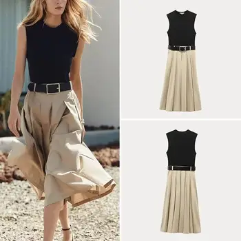 Summer Women's Dress Set 2025 Sleeveless Panelled Long Skirt Elegant Party Belt Casual Everyday Home Dress 1