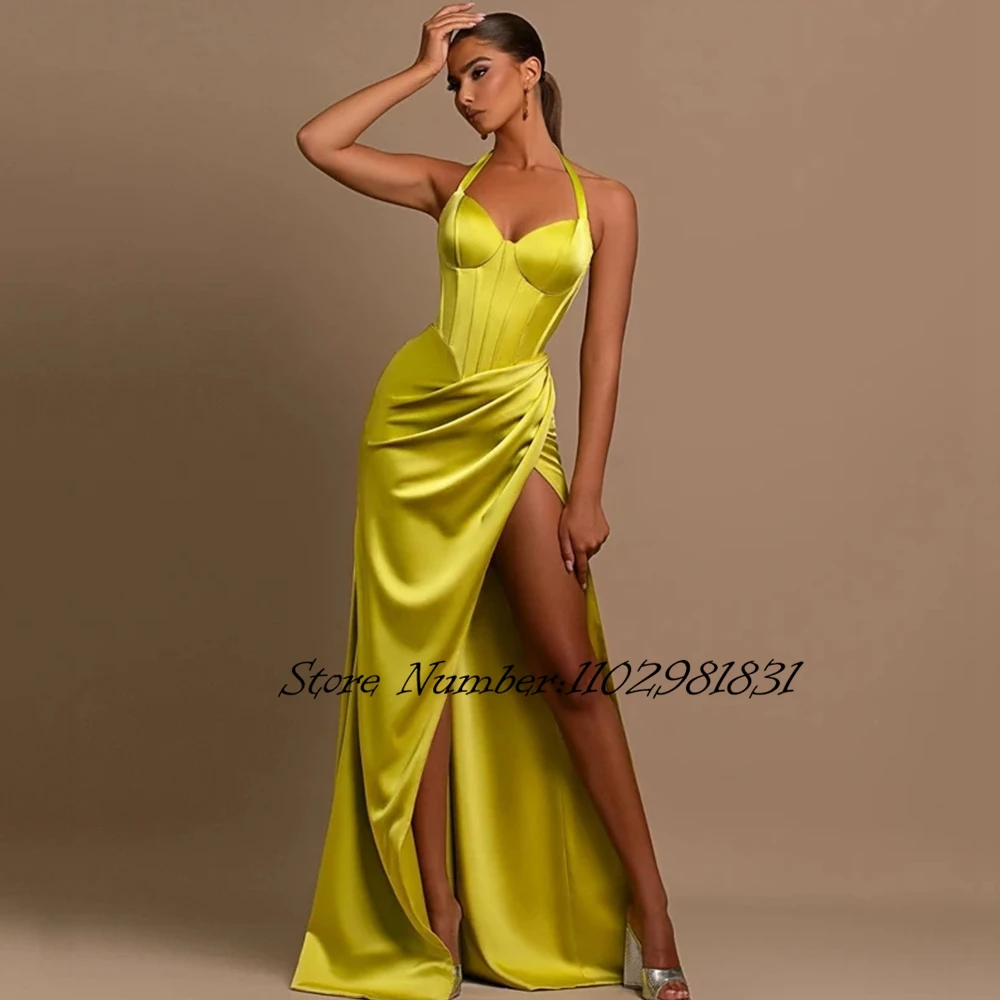 

Sexy Yellow Prom Evening Dresses Halter Neck Party Prom Dress High Split Floor Length Mermaid Cocktail Prom Gowns 2024 New