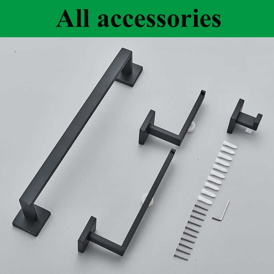 Set 5 Accessori Bagno Nero Opaco: Portasciugamani 60 Cm, Porta Carta Igienica, Anello, 2 Ganci, In Acciaio Inox, Montaggio A Parete