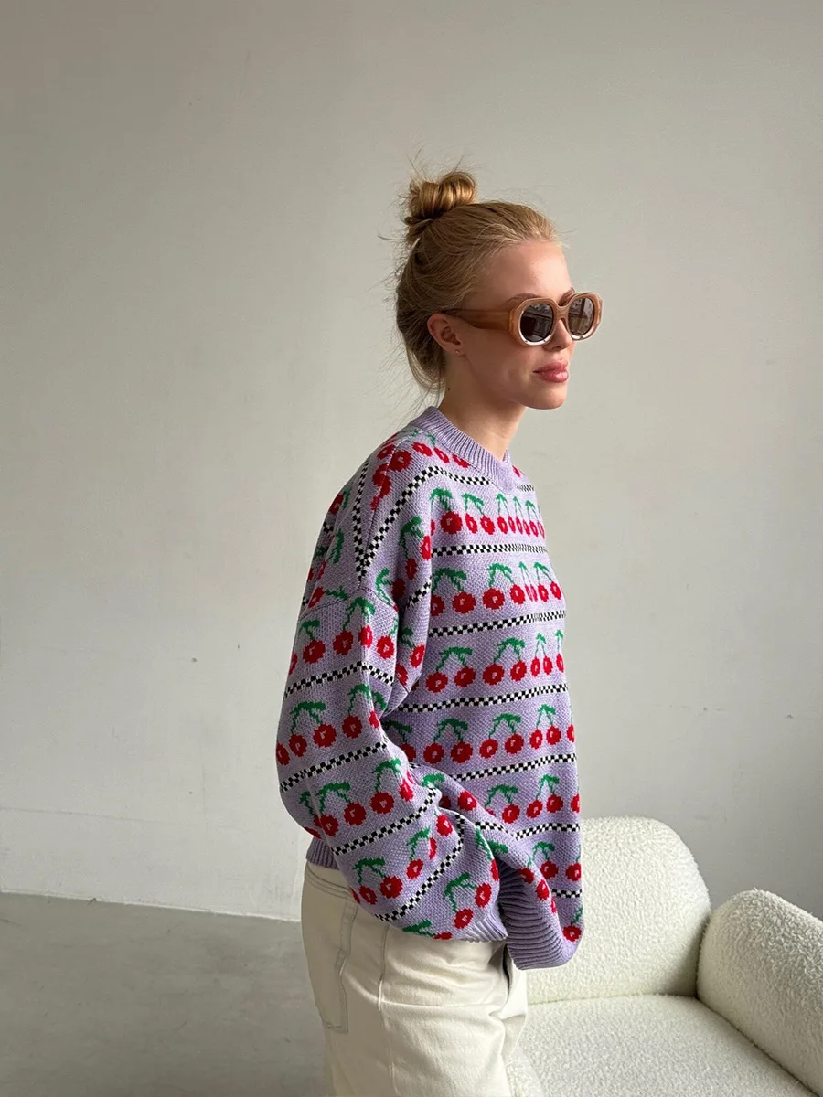 Printed Knit Sweater Pullover For Women Loose Patchwork Contrast Long Sleeve Vintage Fashion Top Knitwear Women's Pullover