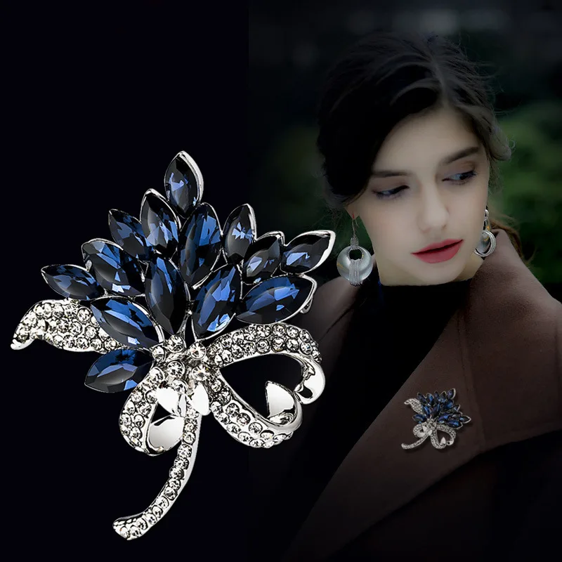 Luxury Design Blue Crystal Bouquet Brooches For Women