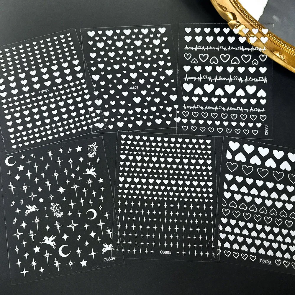 6개입 화이트 러브/스타버스트/달 디자인 네일 스티커 세트 로맨틱 피치 하트 8*10cm 네일 아트 데칼 화이트 하트 매니큐어 슬라이더