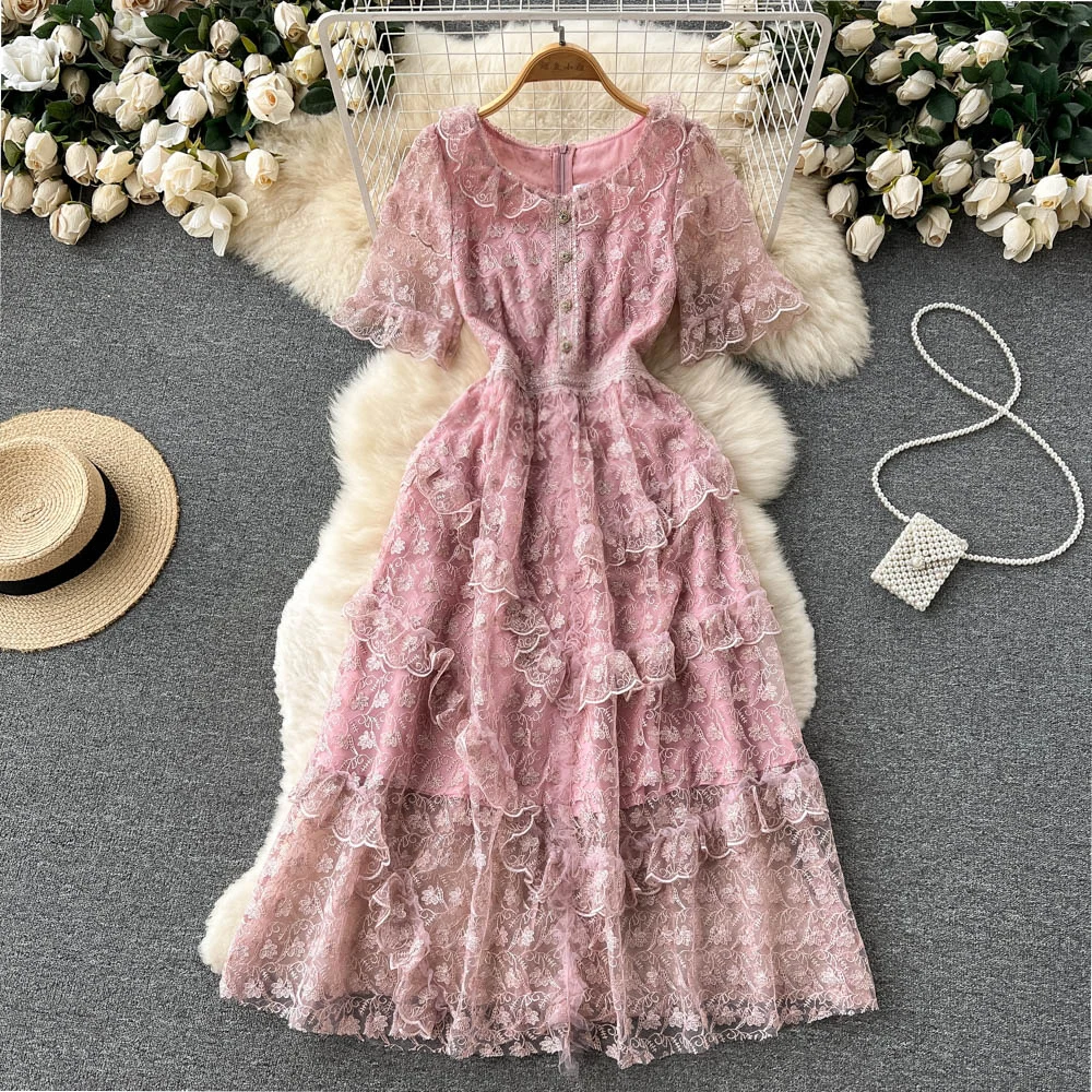 

Gentle Style Tea Break Bellflower Dress Women's New Summer Mid-length Waist-length Mesh Embroidery Dress