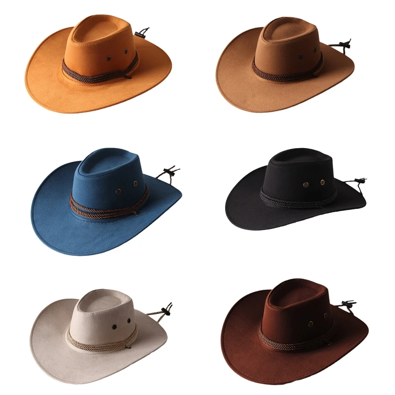 Vintage Western Cowboy Hat Solid Color Basin Hat Wide Brim Jazz Hat Outdoor Sun Protection for Hiking Camping Riding 4