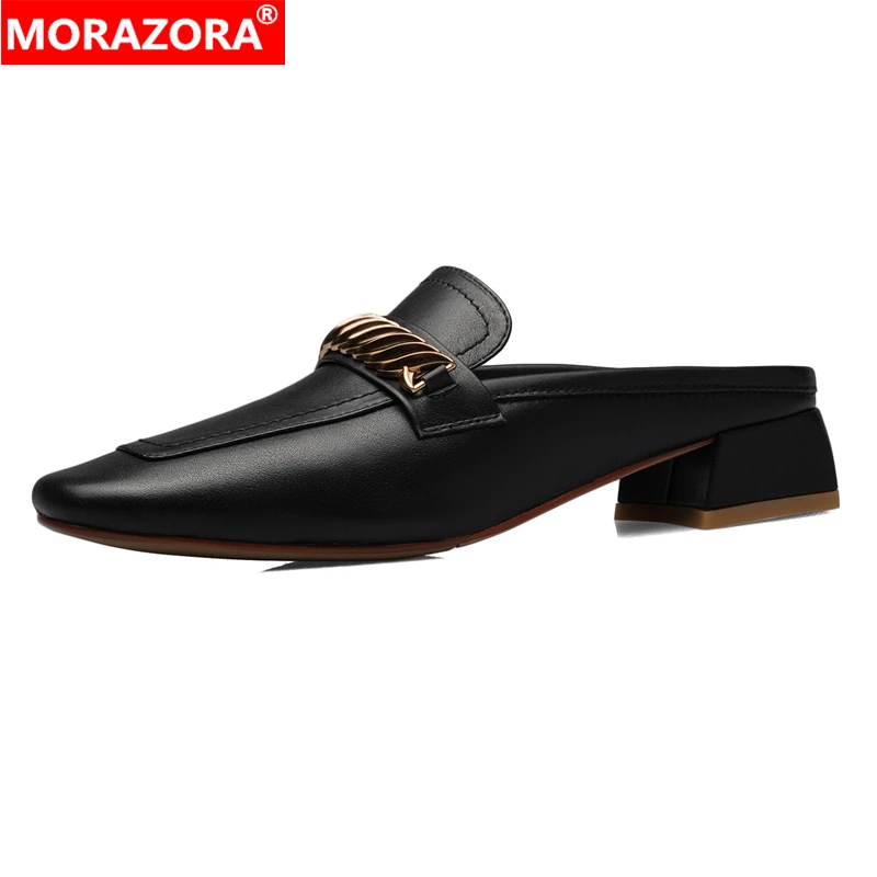 

MORAZORA 2024 New Genuine Leather Shoes Women Slippers Square Low Heels Mules Fashion Chain Street Date Ladies Summer Shoes