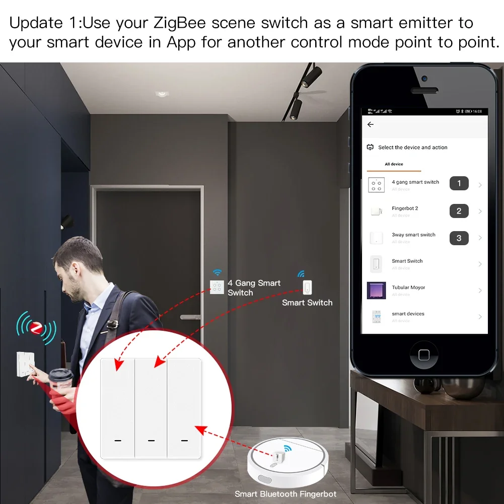 Moes Scene Switch Push Button Battery Powered Transmitter Smart Home Assistant App Automation 1/2/3 Gang Tuya ZigBee