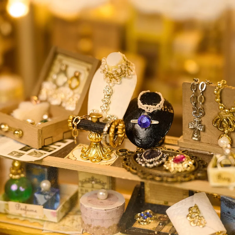 DIY 나무 레트로 보석 가게 카사 미니어처 모델 키트 가구 LED 조명 포함 친구 생일 선물용 인형의 집